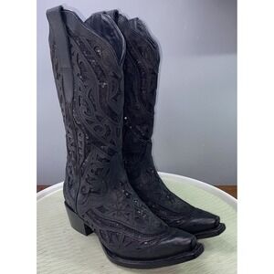 JB Dillon Womens Leather Western Sparkly Black Cowboy Sequin Cowgirl Boots 6.5B